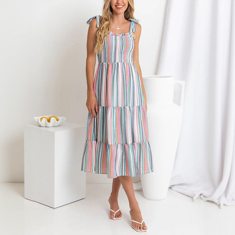 Strappy Rainbow Color-Block Striped Slip Dress