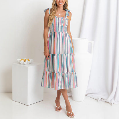 Strappy Rainbow Color-Block Striped Slip Dress