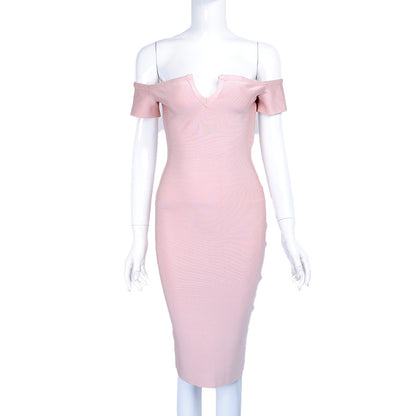 New Womens Off-shoulder Solid-color Bandage Dress