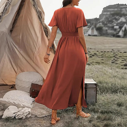 V-neck Long Skirt Casual Resort Short-sleeve Dress