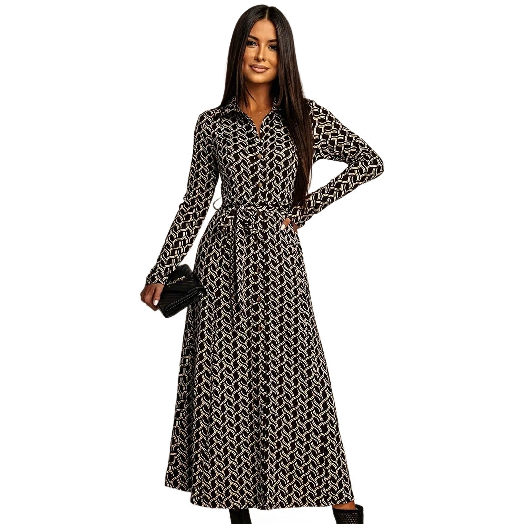 European And American-style Long-sleeve Waist-cinched Printed Dress