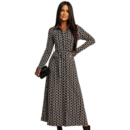 European And American-style Long-sleeve Waist-cinched Printed Dress