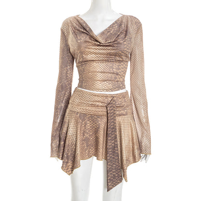 Womens V-neck Long-sleeve Asymmetrical Mini Skirt Casual Set