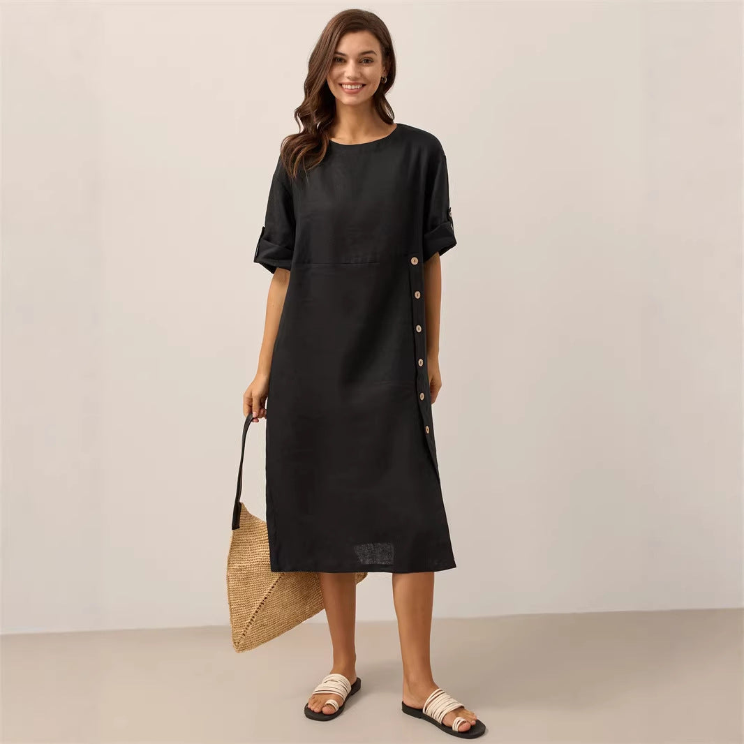 Casual Cotton-Linen Dress With Buttoned Slit And Round Neck