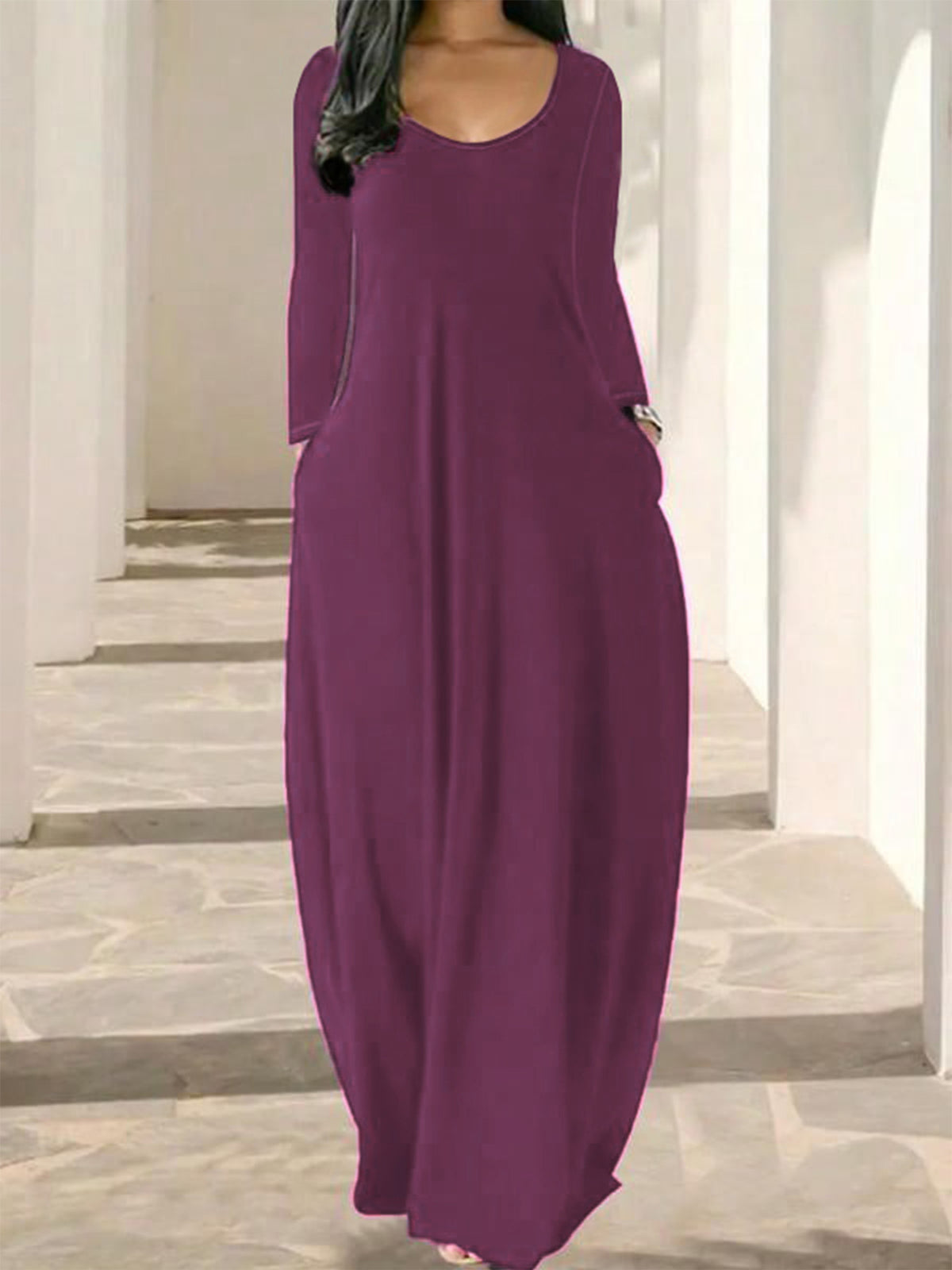 Womens Solid-Color Crew-Neck Long-Sleeve Dress With Pockets
