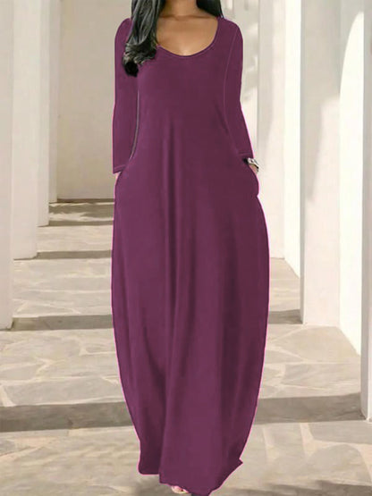 Womens Solid-Color Crew-Neck Long-Sleeve Dress With Pockets