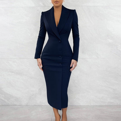 Stylish Everyday Commuter Solid-color V-neck Button-fit Dress