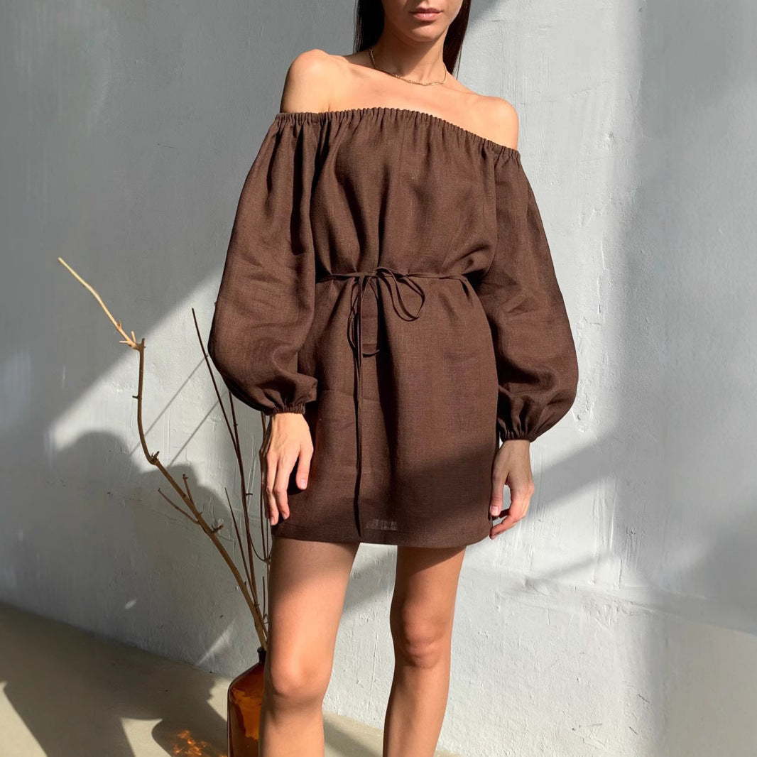 Brown Puff-sleeve Off-the-shoulder Pure Cotton Long-sleeve Dress