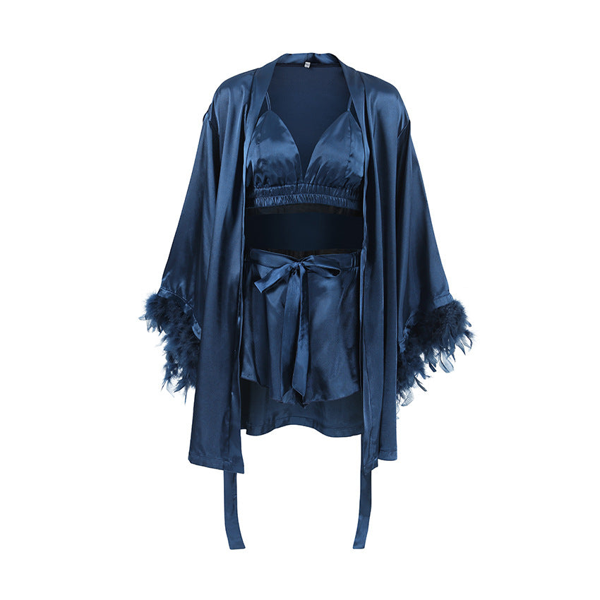 Feather Trim Underwear Shorts Robe Home Three-piece Set