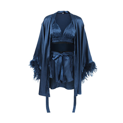Feather Trim Underwear Shorts Robe Home Three-piece Set