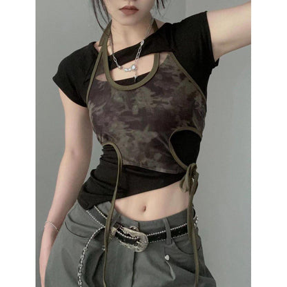 Retro Hot Girl Printed Top Summer Design Sense Niche Chic Short Sleeve Strappy