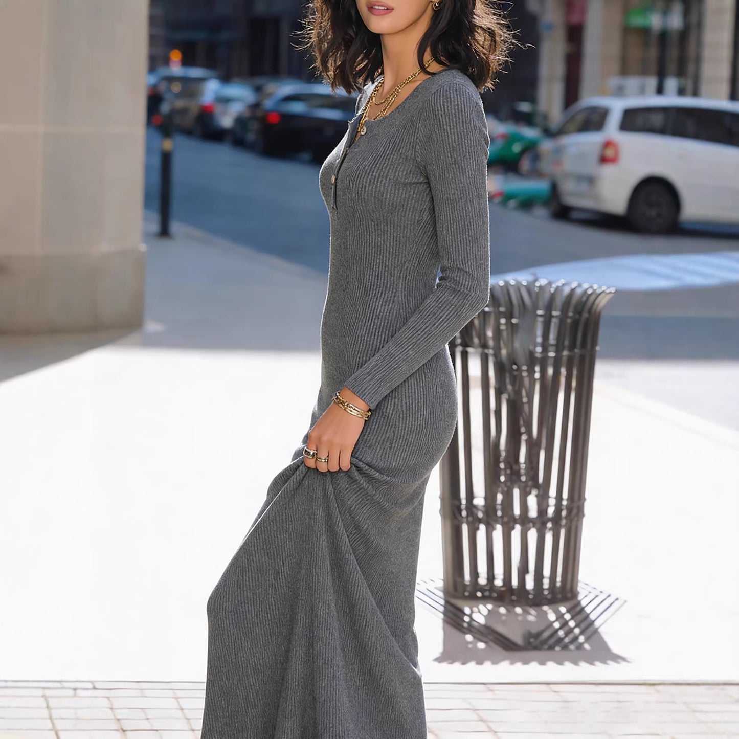 Long Base-layer Long-sleeve Knitted Dress