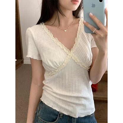 Women's Lace V-neck Short-sleeved T-shirt Slim-fit Crop-top