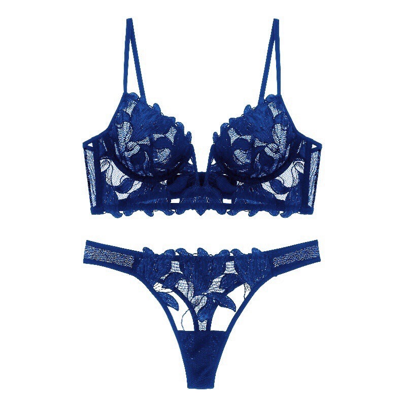 European And American Underwear Gathered Deep V Three-dimensional Embroidery Mesh