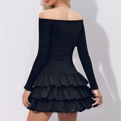 Womens Stylish And Elegant Solid-Color Ruffle-Trimmed Patchwork Dress