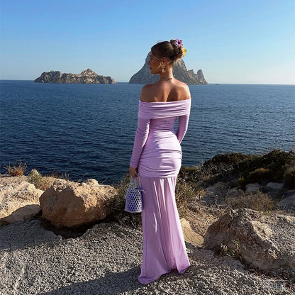 Womens Elegant Solid-Color Mesh Off-the-Shoulder Long-Sleeve Sheer Bodycon Dress