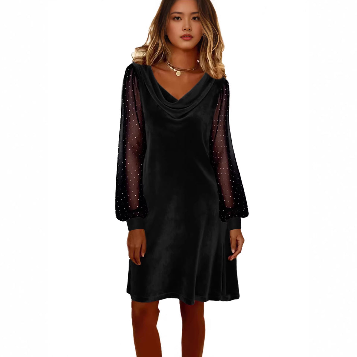 Womens Solid-Color V-Neck Mesh Dress