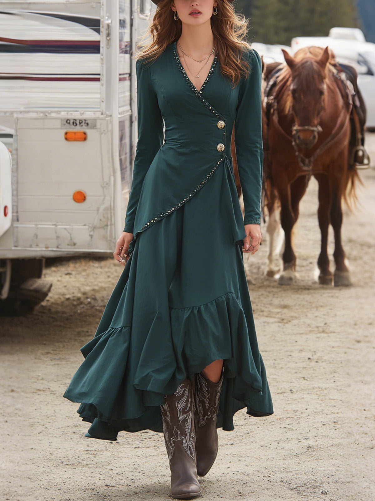 Figure-flattering Long-sleeve Dress With An Asymmetrical Ruffled Hem