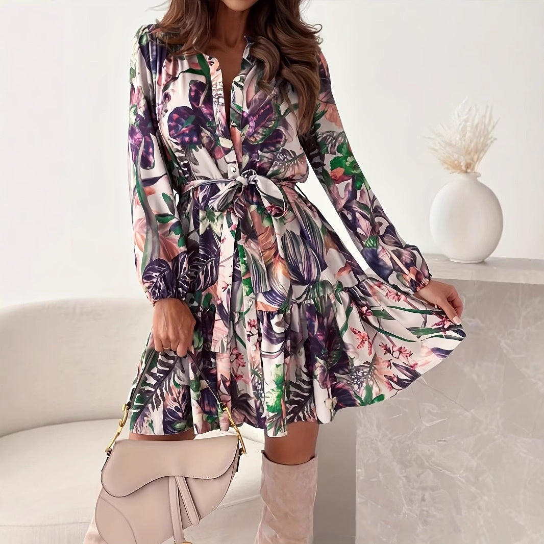 Womens Floral Print Lace-Up Dress With Ruffled Hem