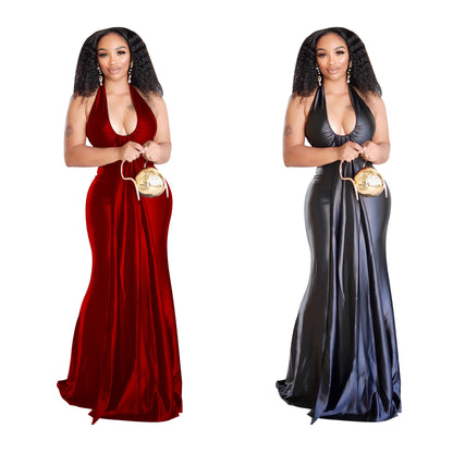 U-neck Halter Formal Dress Solid-color One-piece Dress