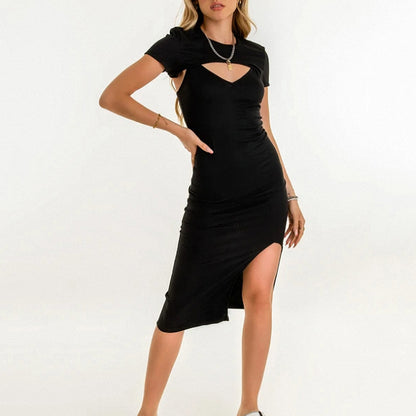 Womens Elegant Commuter Ribbed Slip Dress With Slit And Round Neck