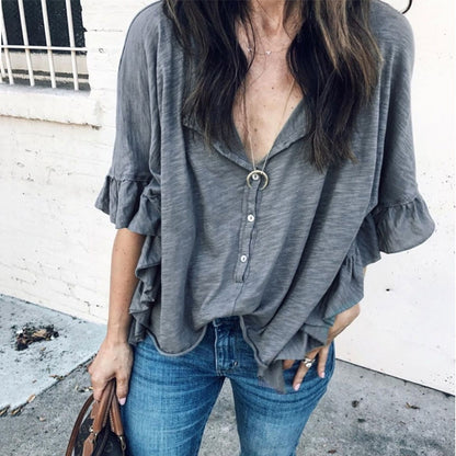 Women's Loose Short Sleeved T Shirt Round Neck Stitching Ruffled Top
