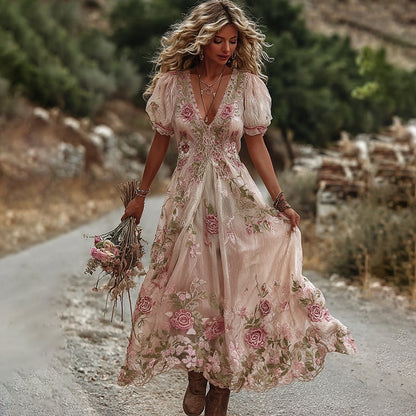 Womens 3D-printed Plant And Floral Retro Elegant V-neck Maxi Dress