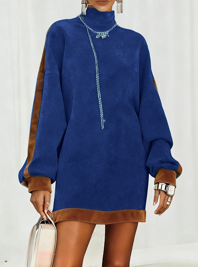 High-neck Contrast Color Velvet Patchwork Sweatshirt Dress