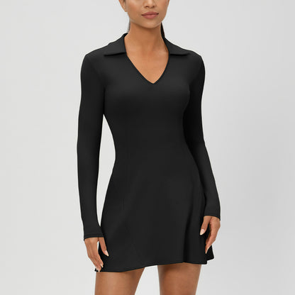 European And American-style Long-sleeve Lapel V-neck Sporty Casual Dress