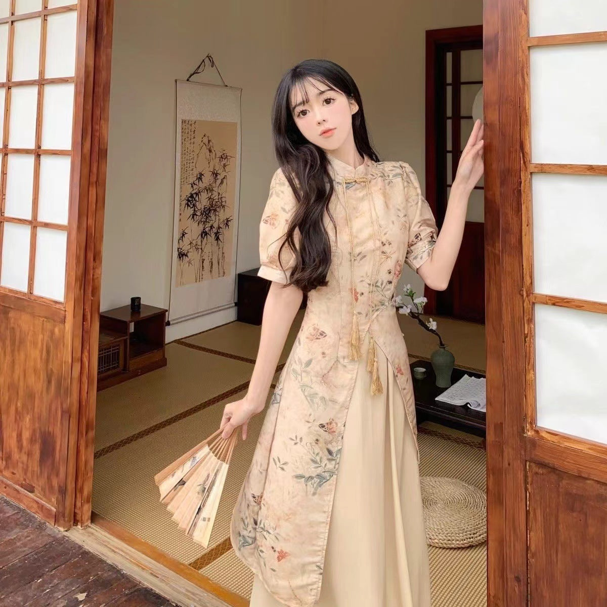 Cheongsam Floral-print Dress A Chic Autumnal Long Skirt That Cinches The Waist To Create A Slimming Silhouette