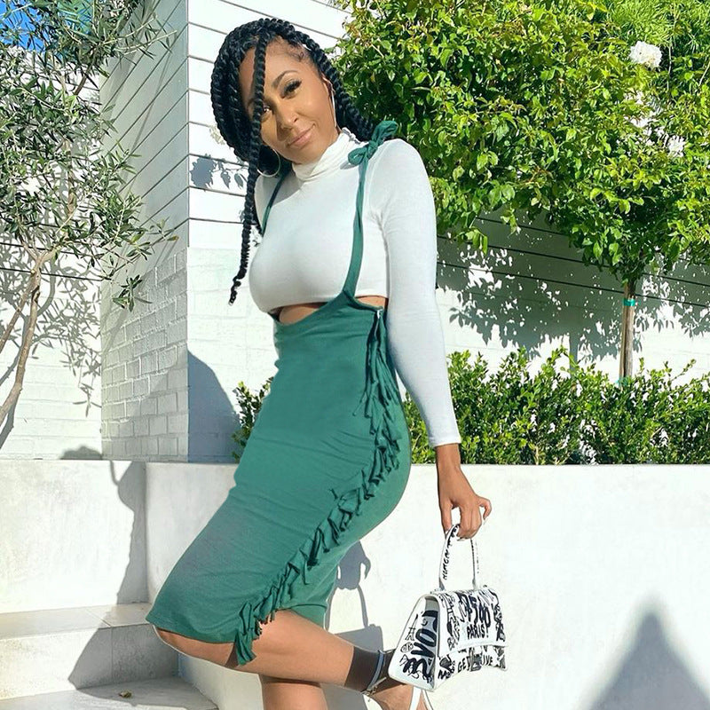 Solid-color Casual Crew-neck Long-sleeve Tassel Suspender Dress Set