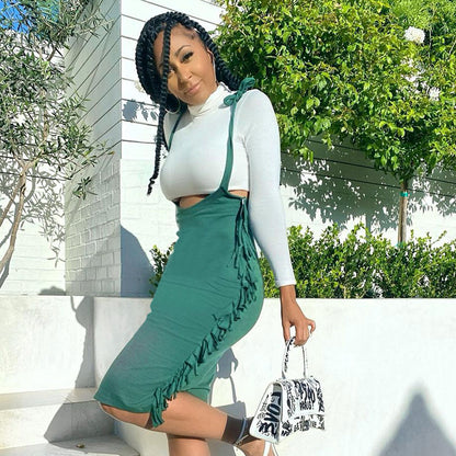 Solid-color Casual Crew-neck Long-sleeve Tassel Suspender Dress Set