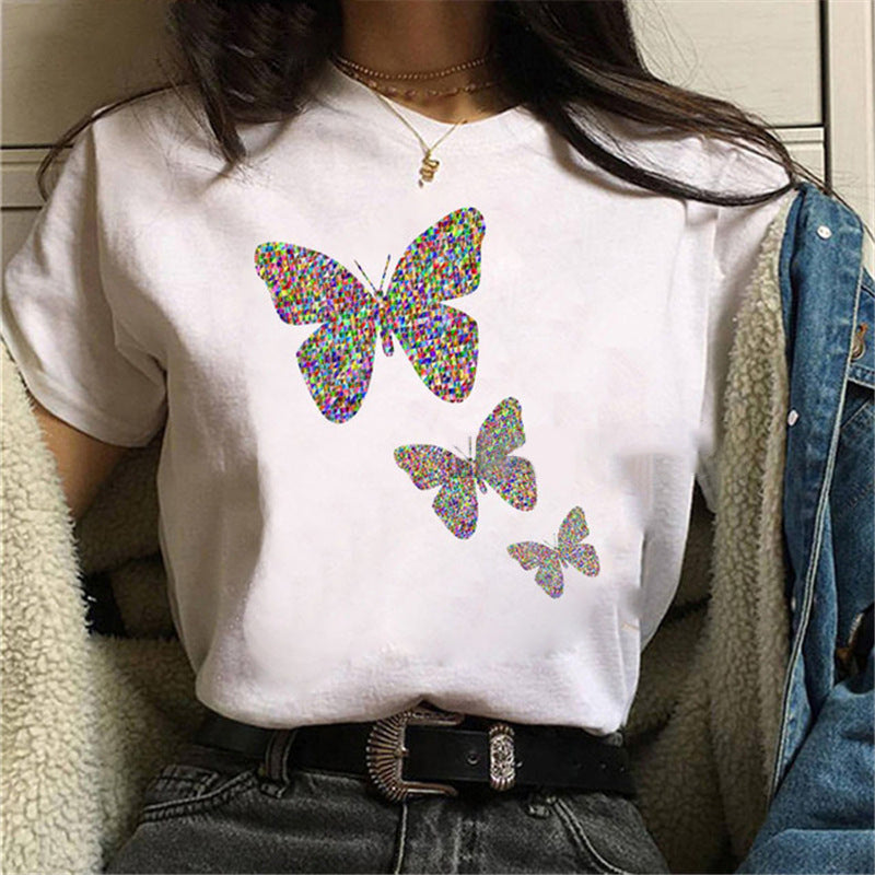 Printed White Ladies Casual Loose Personality Short Sleeves
