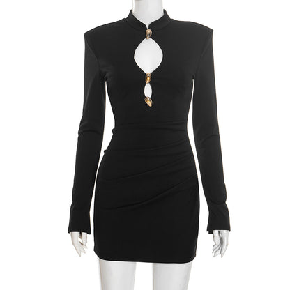 Womens Solid-Color Elegant Slim-Fit Gold Dress From Europe And The US