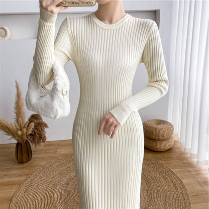 Womens Slimming Figure-Hugging Long-Sleeve Knitted Dress