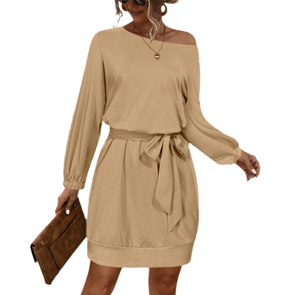 Lantern-sleeve Off-shoulder Lace-up Dress