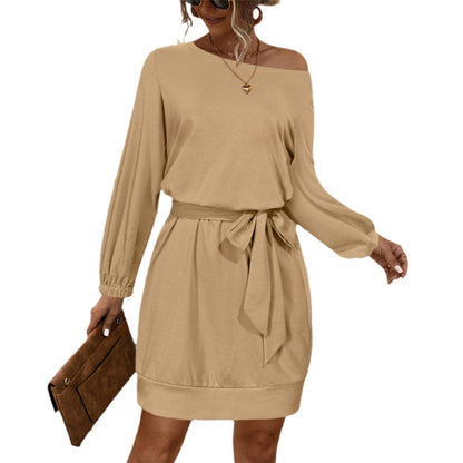 Lantern-sleeve Off-shoulder Lace-up Dress