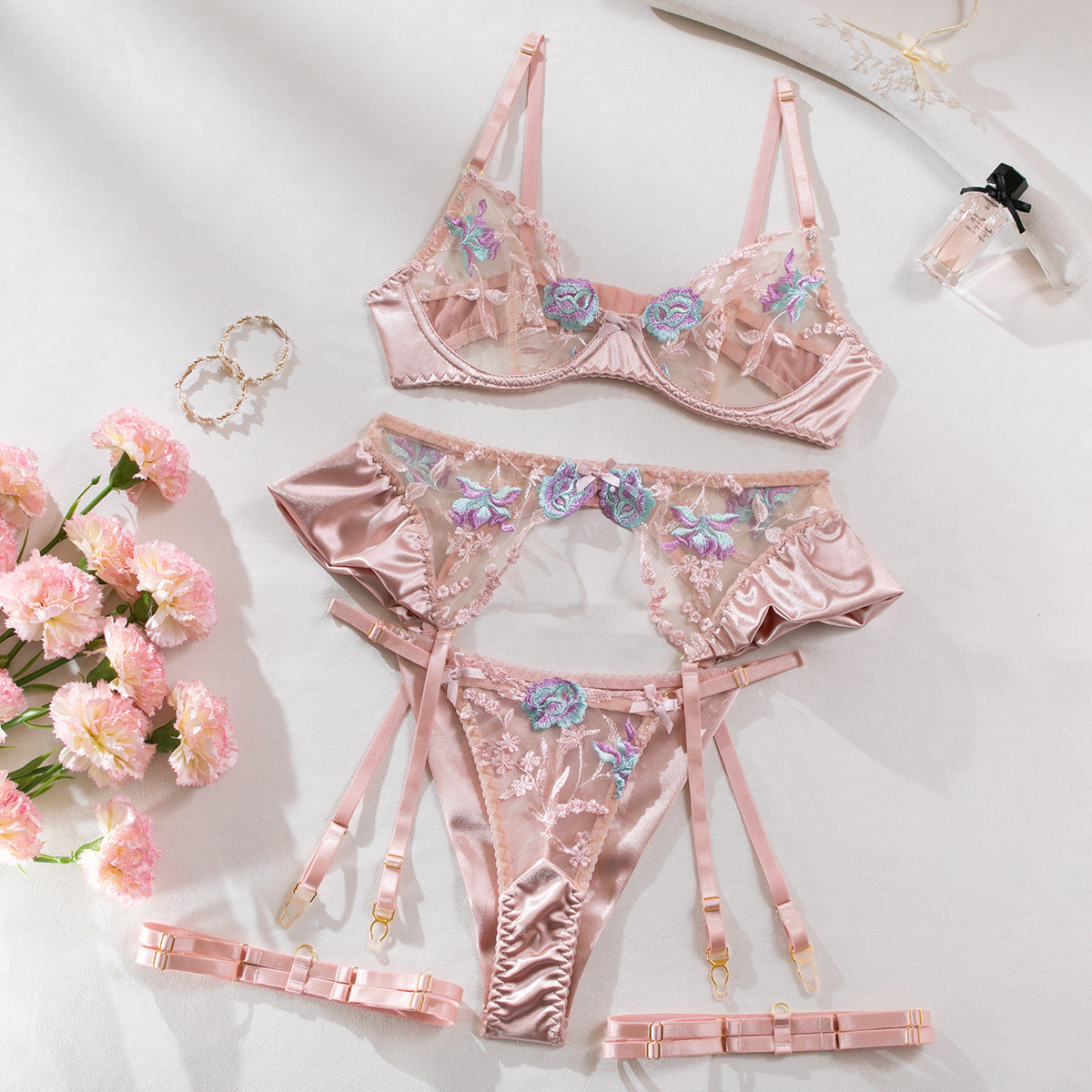 Embroidered Flower See-through Steel Ring Push Up Underwear