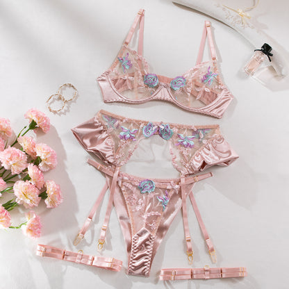Embroidered Flower See-through Steel Ring Push Up Underwear
