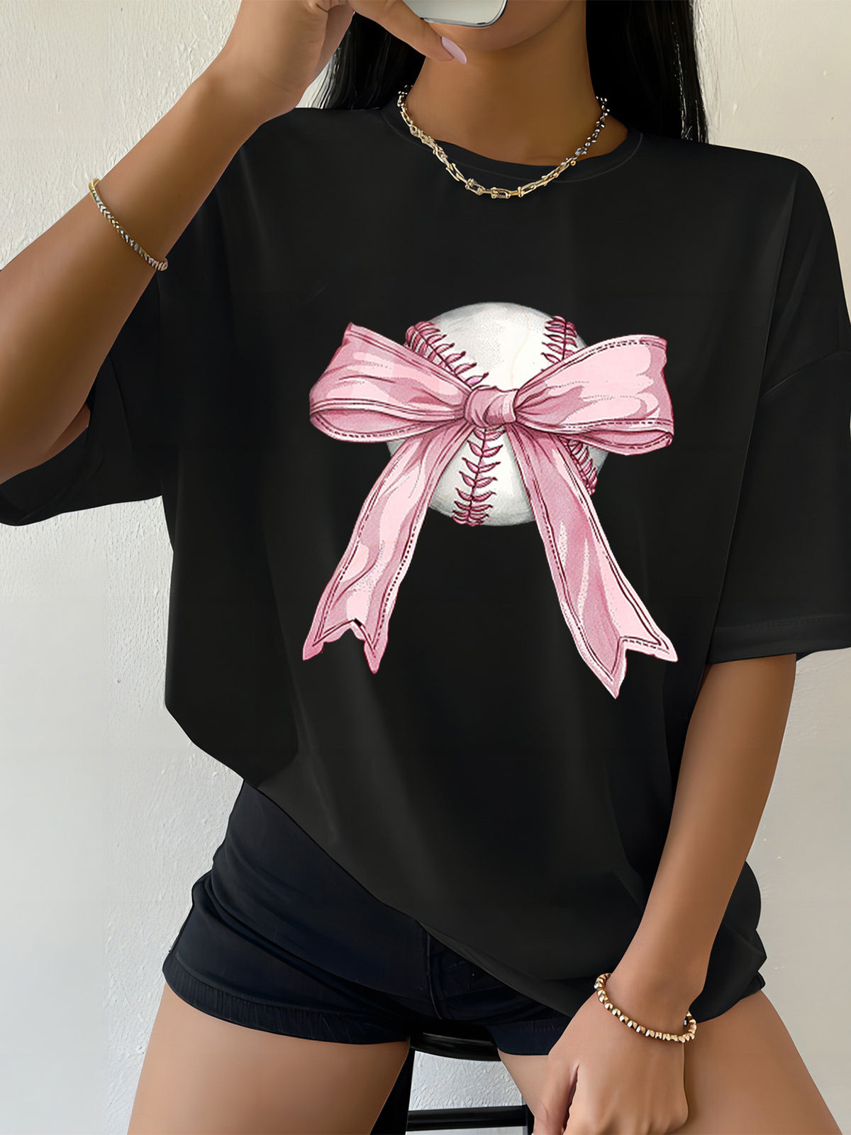 Letter Pattern Loose Casual Print Drop Shoulder Short Sleeve