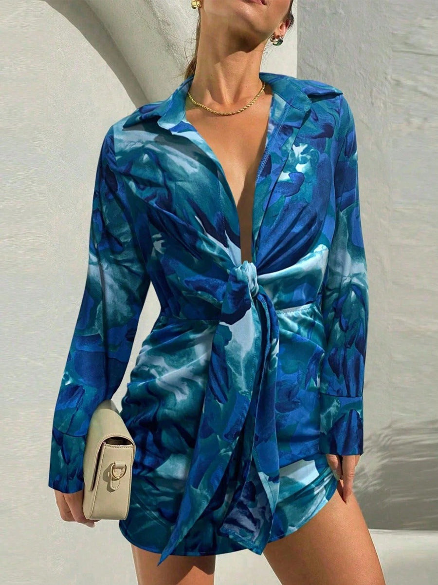 New Satin Dress High-waisted Sexy Printed Shirt Dress