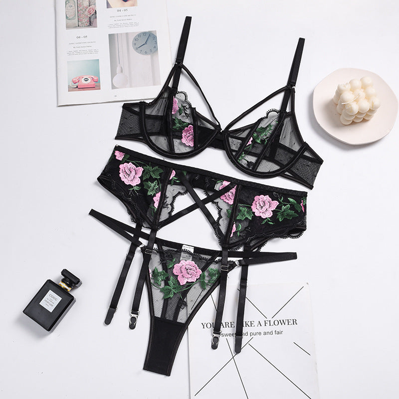 Women's Embroidery Heavy Craft Lace Mesh Underwear Pull Up Three Piece Set