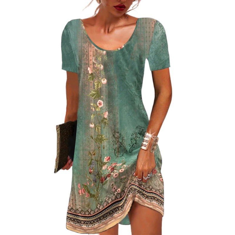 New Summer Floral Print Short-Sleeve Dress For Europe And The US