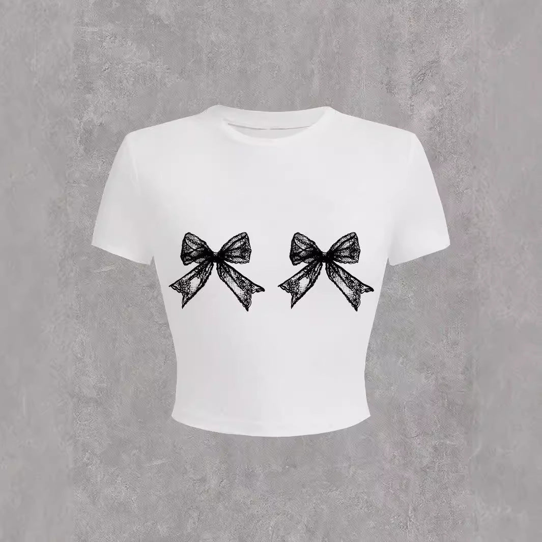 Casual Simple Round Neck Lace Bow Print Short Sleeve