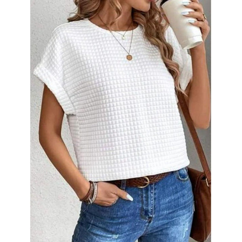 Solid Color Crew-neck Batwing Sleeve Shirt Top