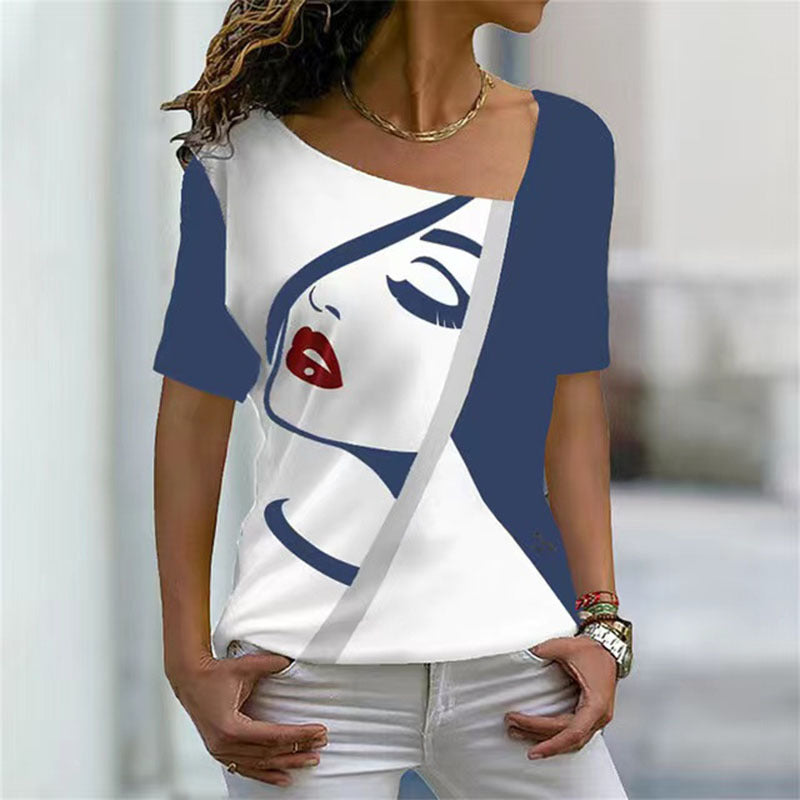 Women's Casual Diagonal Collar Short Sleeve