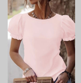 Casual Lace Stitching Tied Gift Knot Puff Sleeve Top
