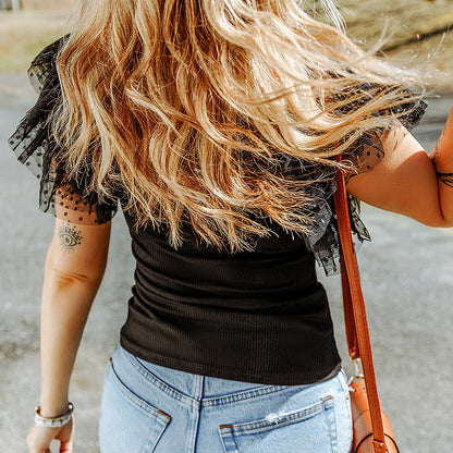 Women's Ruffle Sleeve Pullover Solid Color Short Sleeve Simple Top