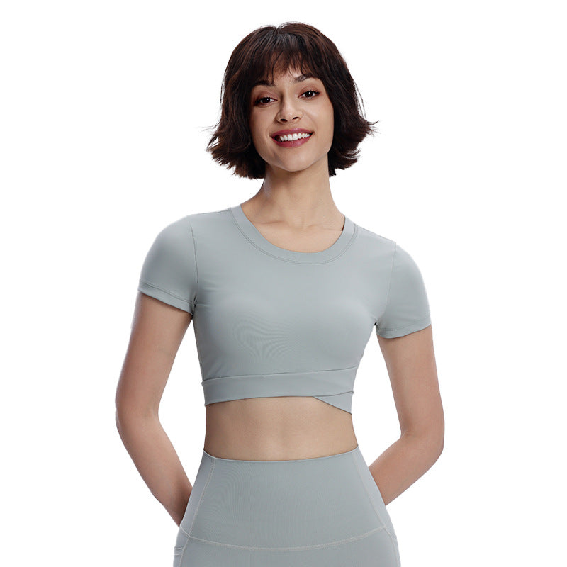 Women's Yoga Short Double-layer Hem With Chest Pad Sports Running Tight Round Neck Top