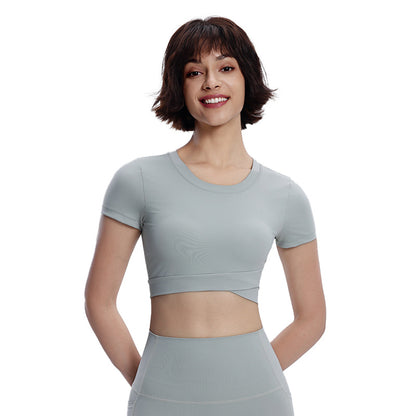 Women's Yoga Short Double-layer Hem With Chest Pad Sports Running Tight Round Neck Top